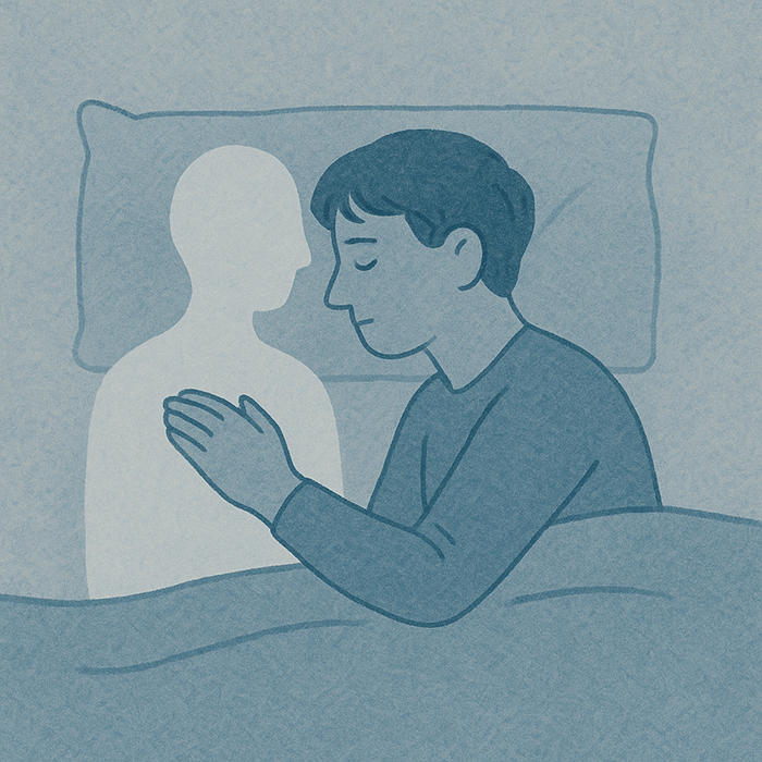 Person lying beside a symbolic figure in bed